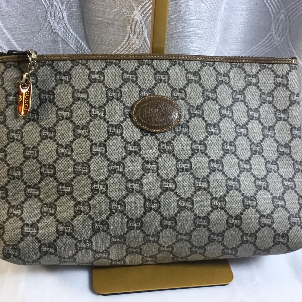 Gucci Brown & Beige Monogram Zip Wristlet